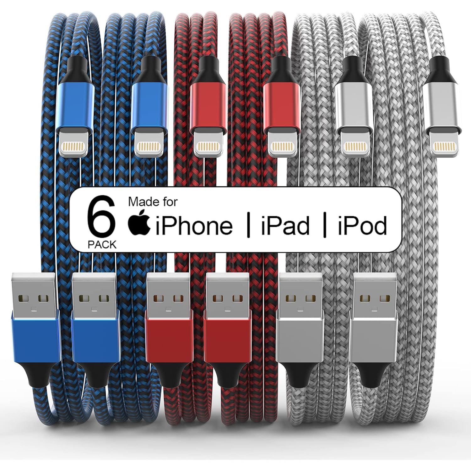[Apple MFi Certified] 6Pack 3/3/6/6/6/10 FT iPhone Charger Nylon Braided Fast Charging Lightning Cable Compatible iPhone 14 Pro/13 mini/13/12/11 Pro MAX/XR/XS/8/7/Plus/6S/SE/iPad