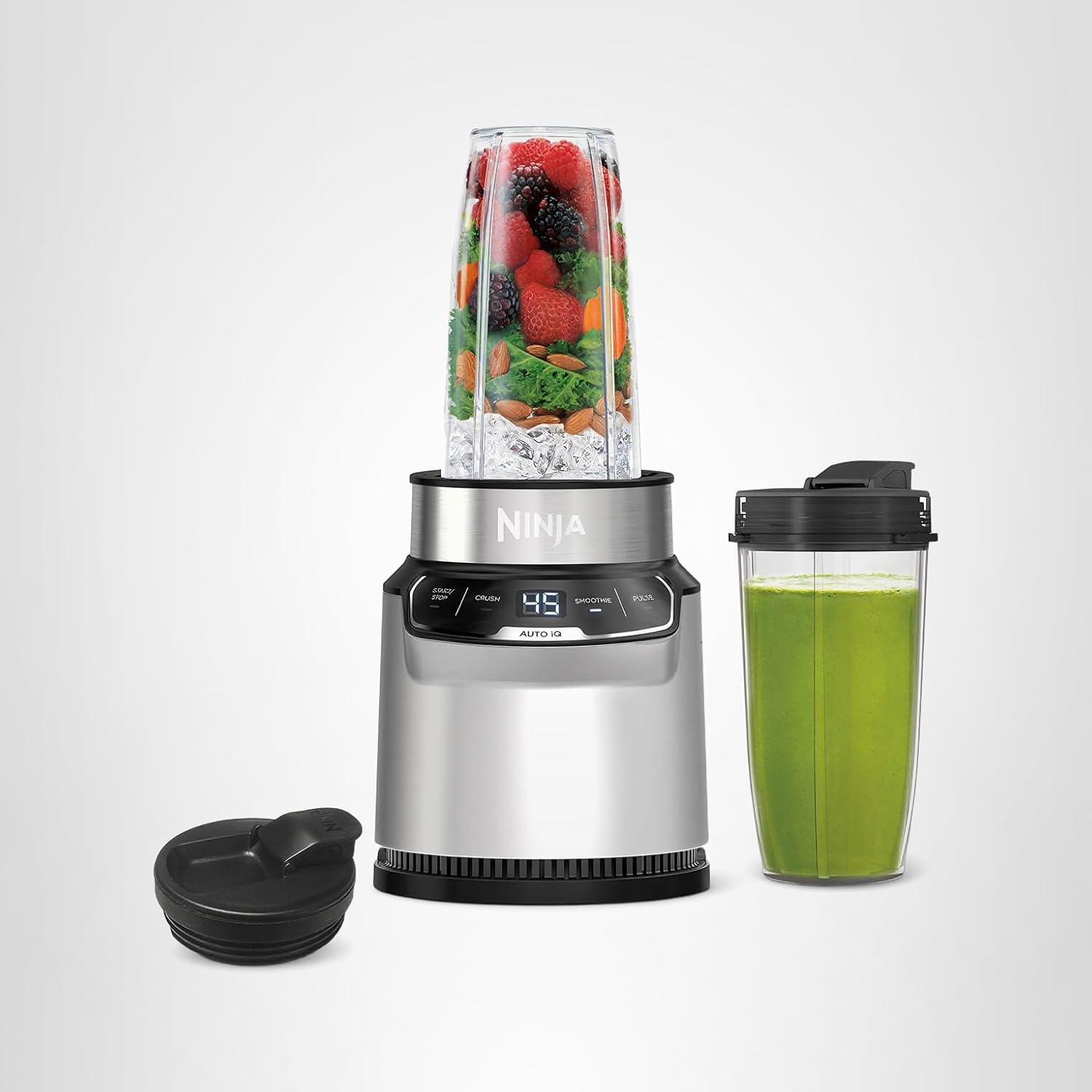 Ninja | Blender | Nutri Pro | Single Serve | For Smoothies, Salsa, Shakes and Frozen Drinks | Includes 2 Smoothie Cups & Lids | Crushes Ice, Fruit & Veggies |Silver | BN401